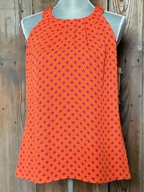 Banana Republic Sleeveless Blouse Size 10 Orange Fuchsia High Neck Lined Zip Bac